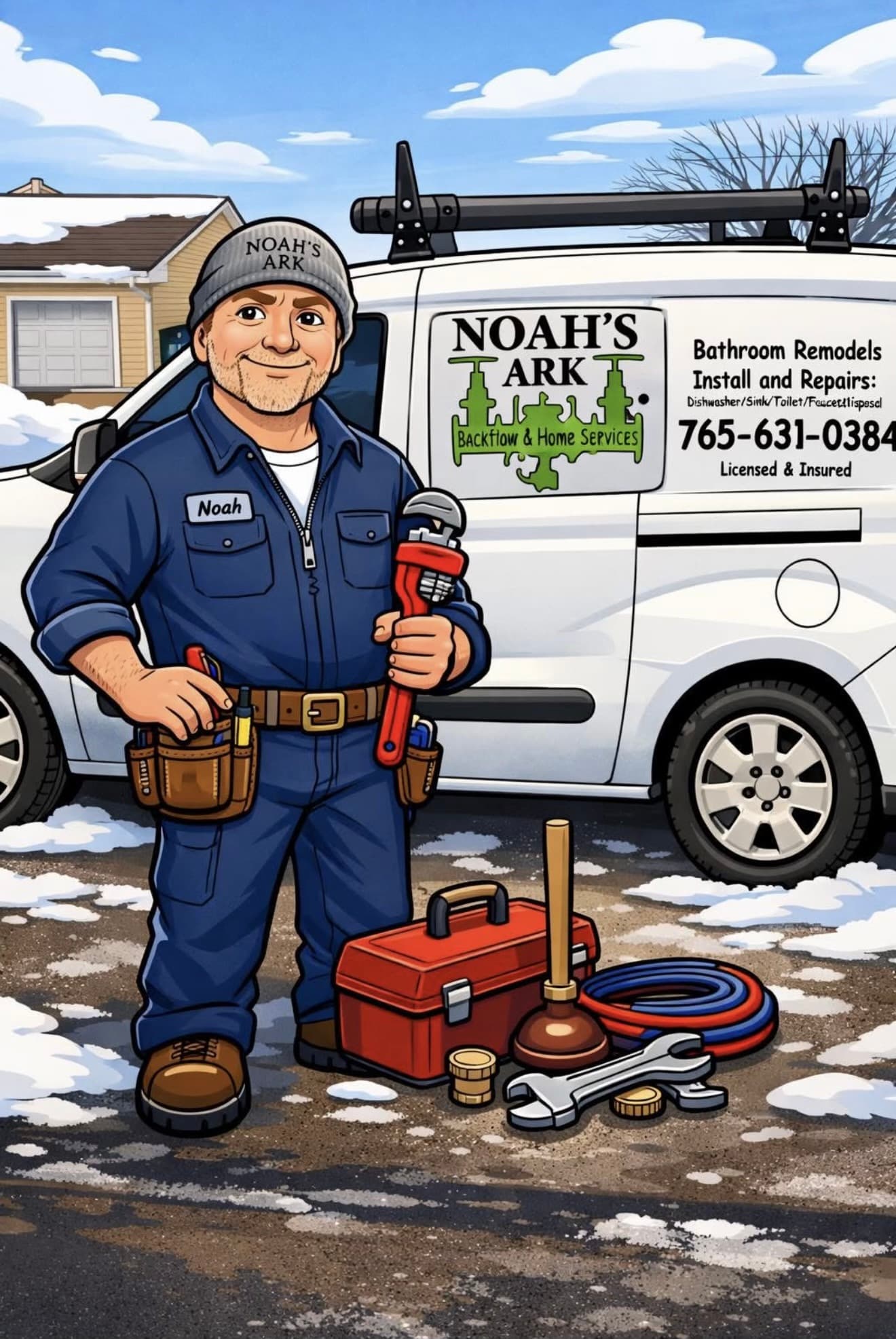 Cartoon plumber holding a large wrench in front of a Noah's Ark service van.