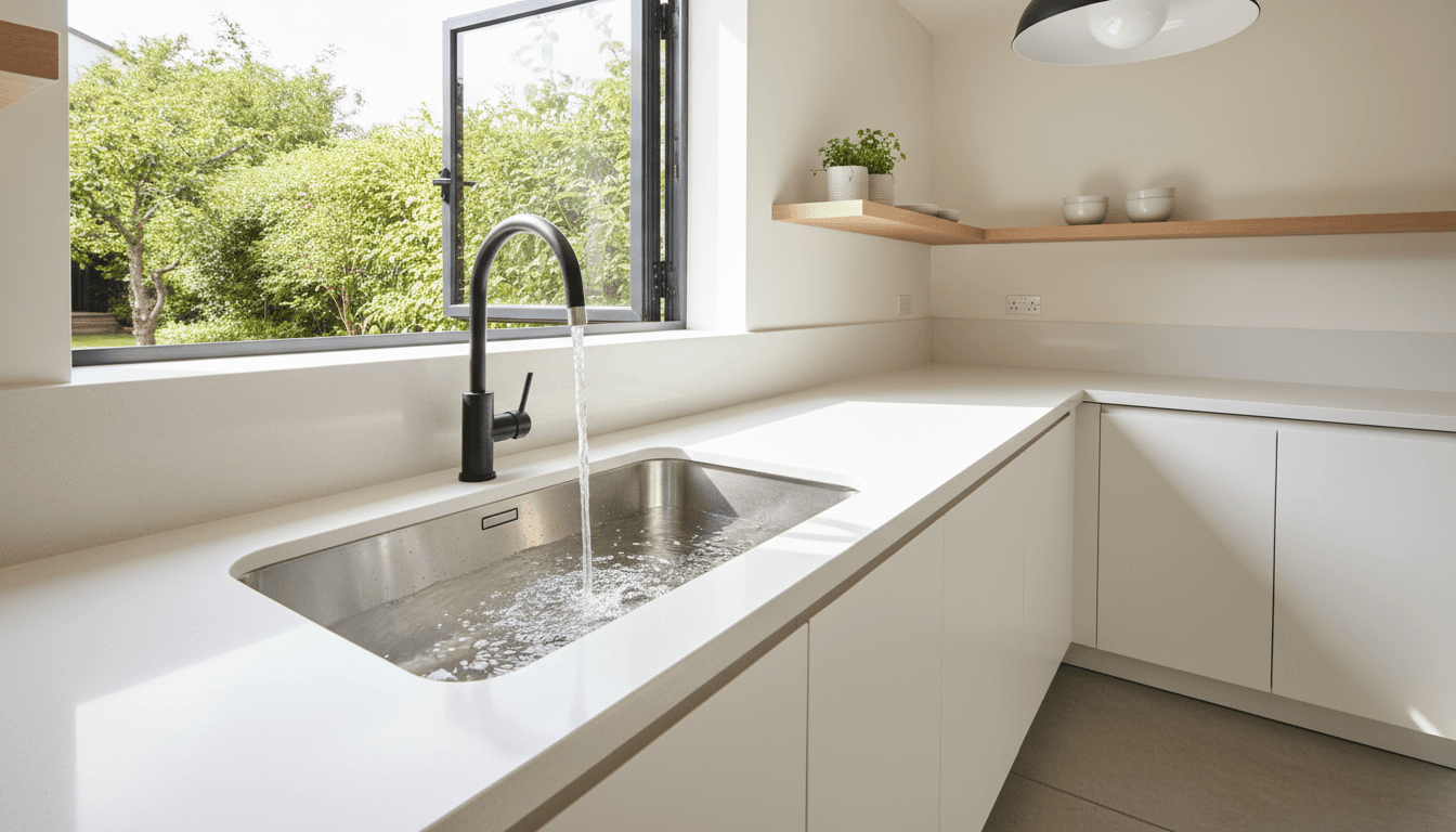 Stream of clean water running from a modern chrome faucet into a stainless steel kitchen sink, fresh natural daylight in a tidy kitchen