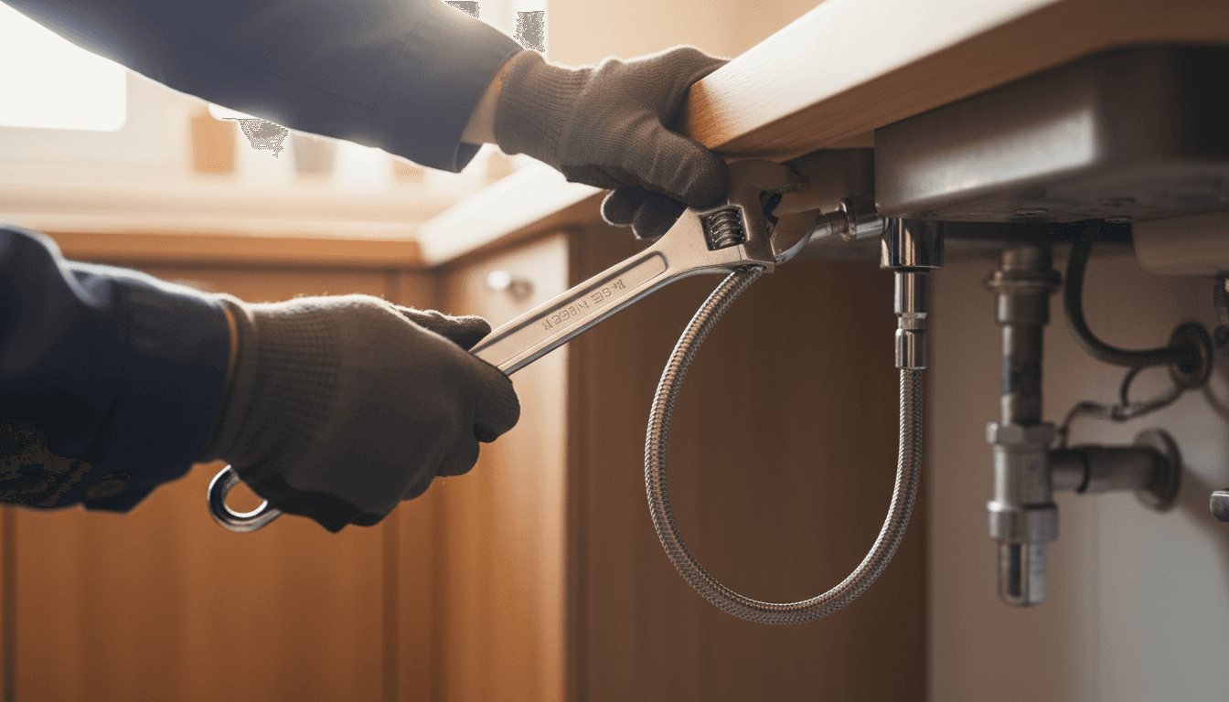Plumber's hands working on a faucet under a sink