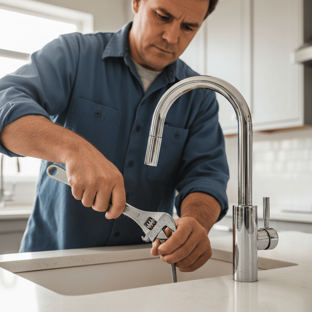 Plumber's hands tightening a faucet nut under a kitchen sink