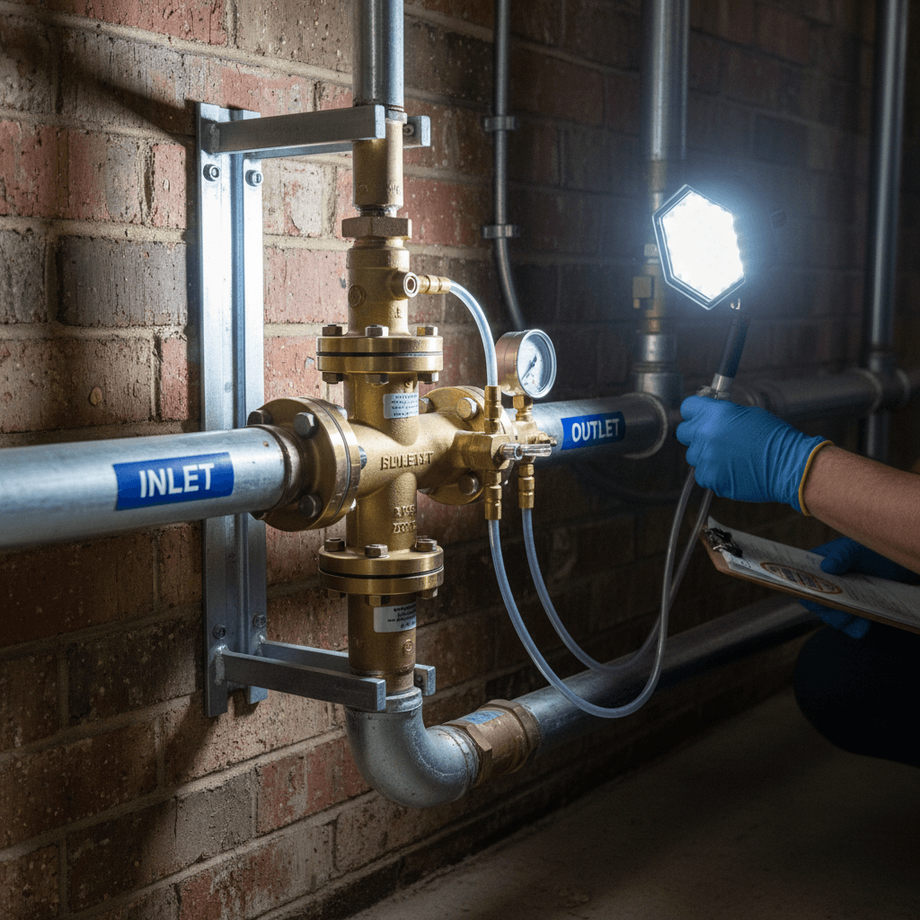 Plumber testing commercial-grade backflow prevention device with specialized equipment on water supply line