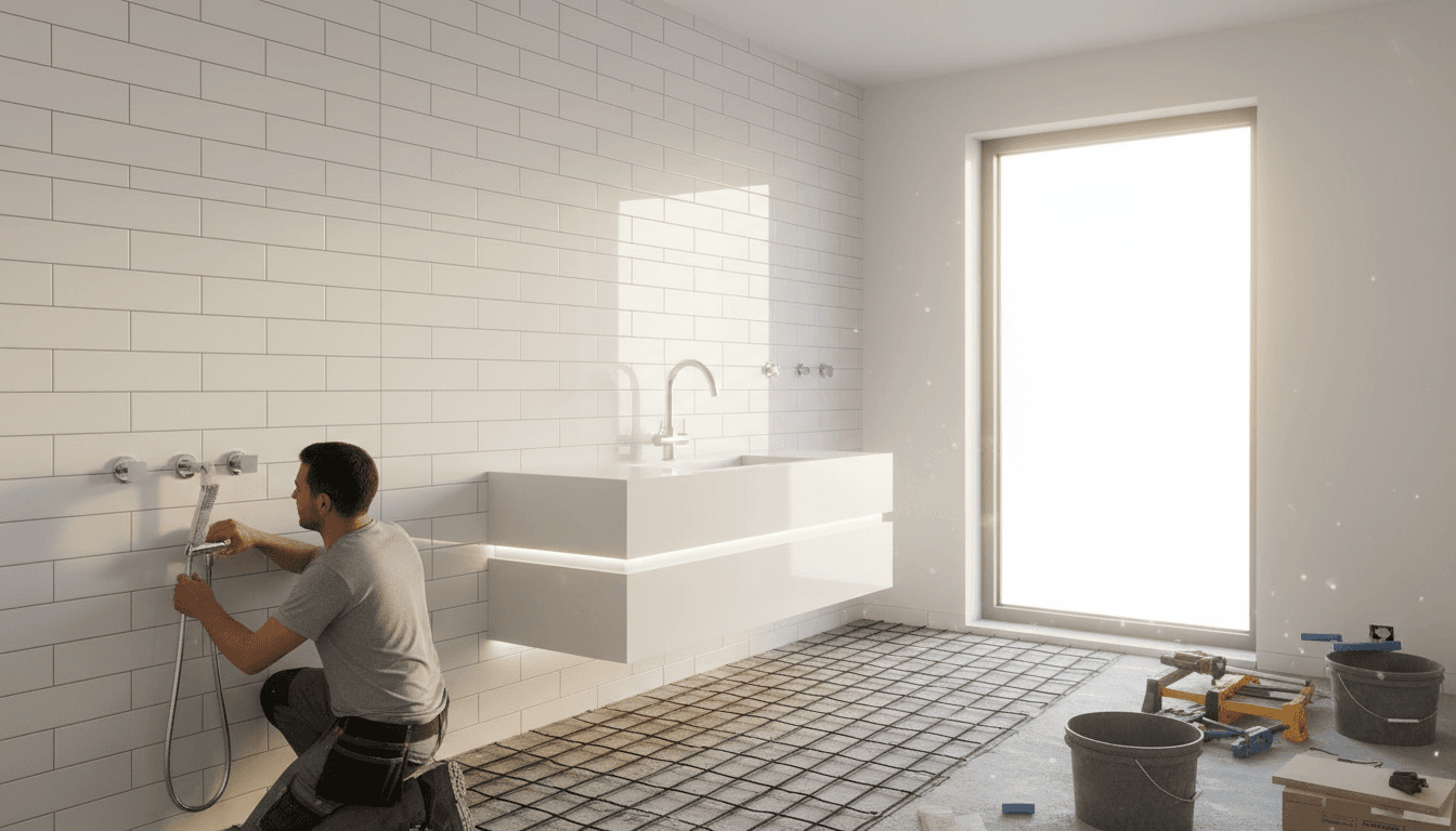 Plumber installing a new pedestal sink in a remodeled bathroom