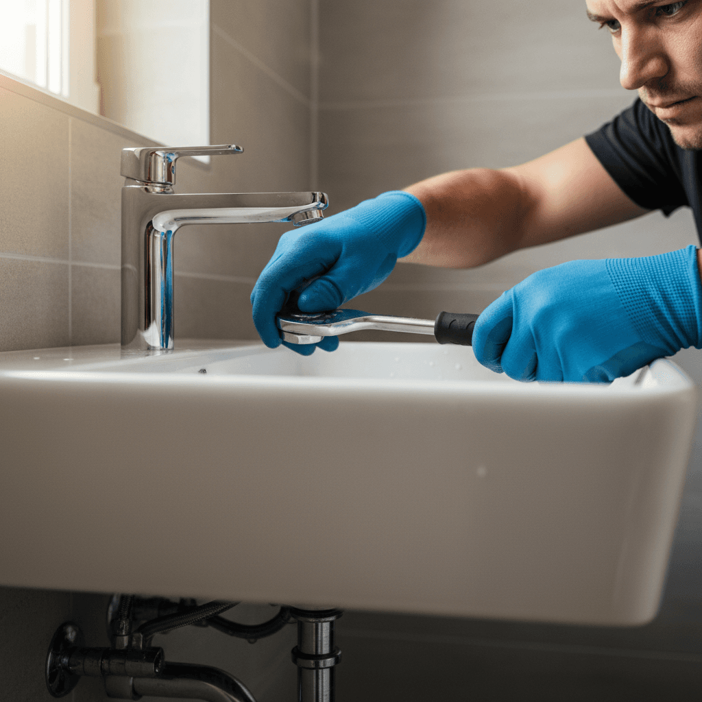 Close-up of a plumber installing a faucet under a bathroom sink