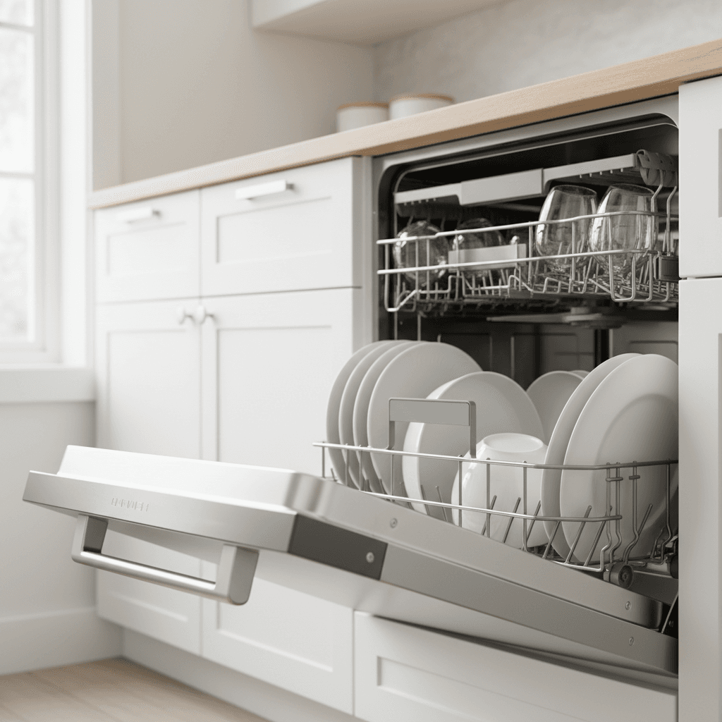 Plumber connecting a new dishwasher in a kitchen