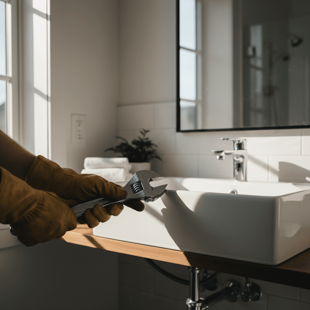 Hands tightening a faucet supply line under a bathroom sink