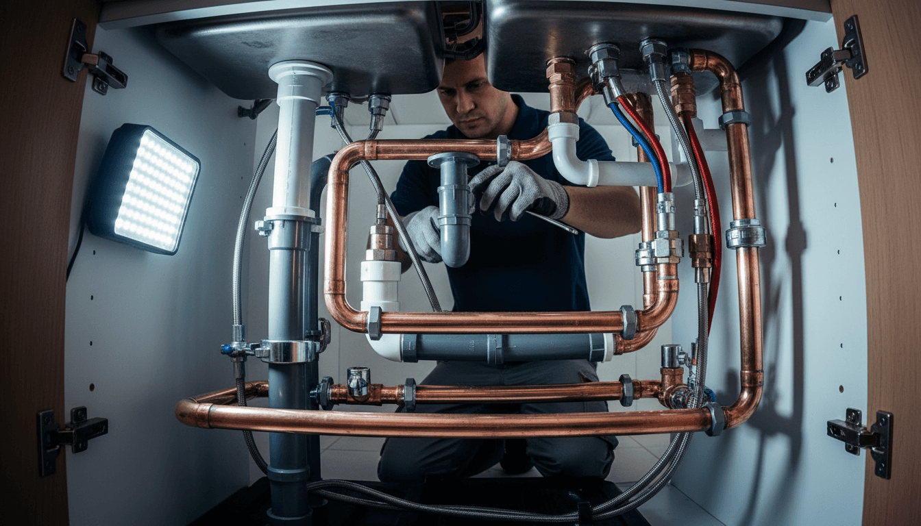 Professional plumber working beneath kitchen sink with complex network of copper and PVC pipes visible